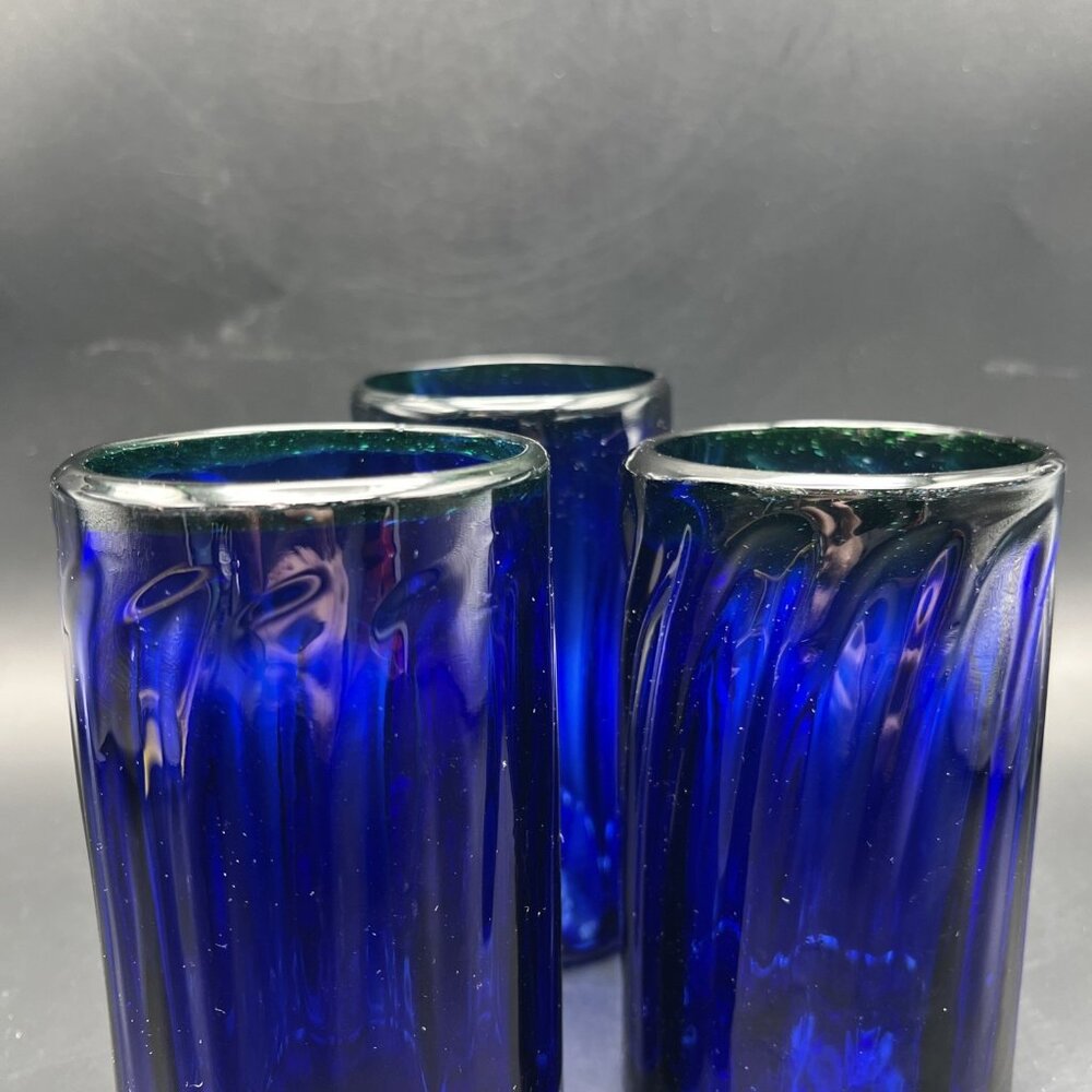 Set Of 3 Hand Blown Mexican Glasses Cobalt Blue Swirl Green Rim ~5" - Picture 13 of 14